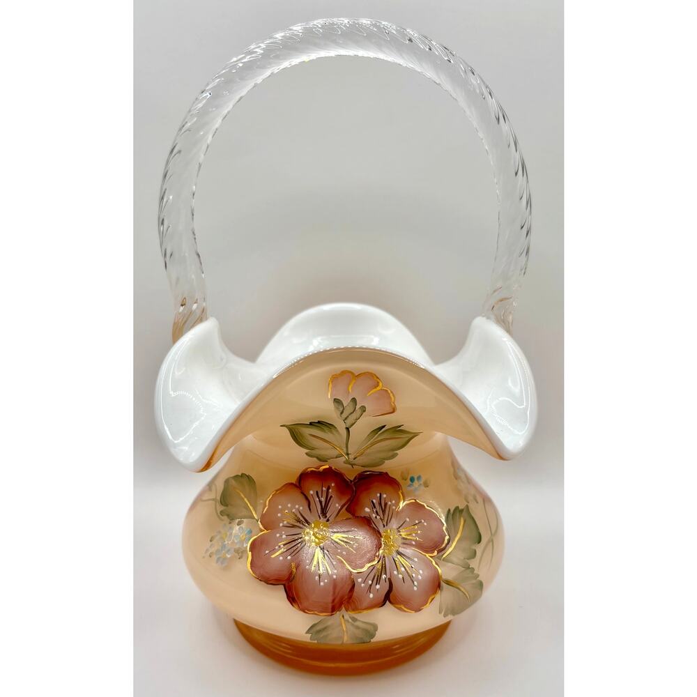 Fenton Art Glass Basket, Sunset Overlay, Hand Blown/Painted, Signed